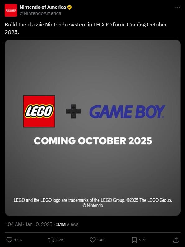 乐高宣布将推出任天堂Game Boy套装 2025年10月推出