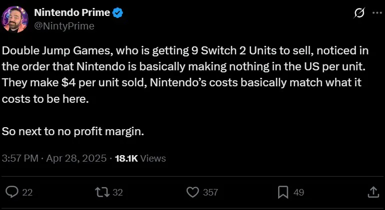 传任天堂每卖出一台Switch 2仅赚4美元