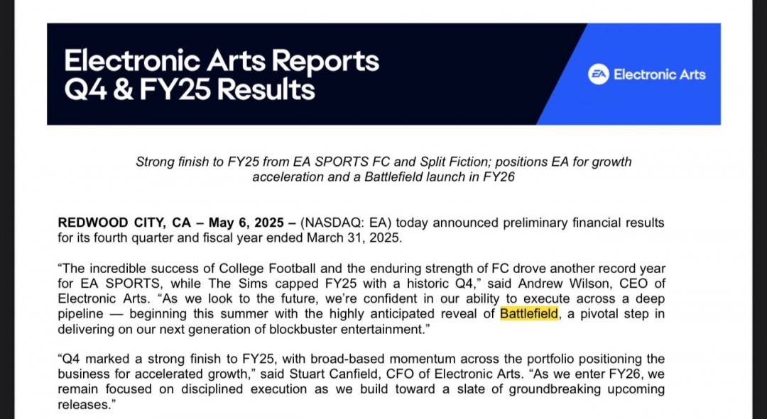 EA 2025财年财报 新《战地》确认于2026年4月前发售